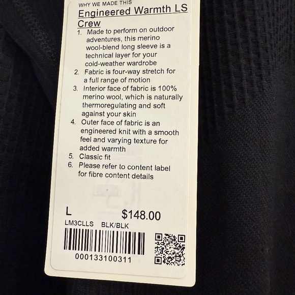 Lululemon Men's Engineered Warmth LS Crew NWT, Large Black - Picture 3 of 3